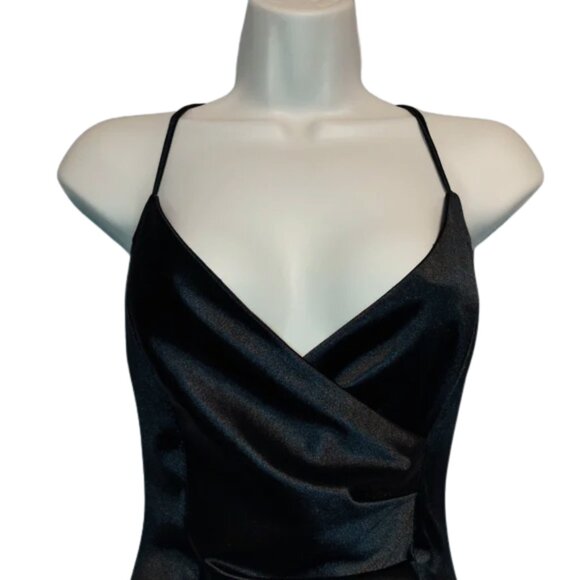 Windsor Black Satin Bodycon Dress – Crisscross Back, Stretchy Fit - Picture 3 of 8